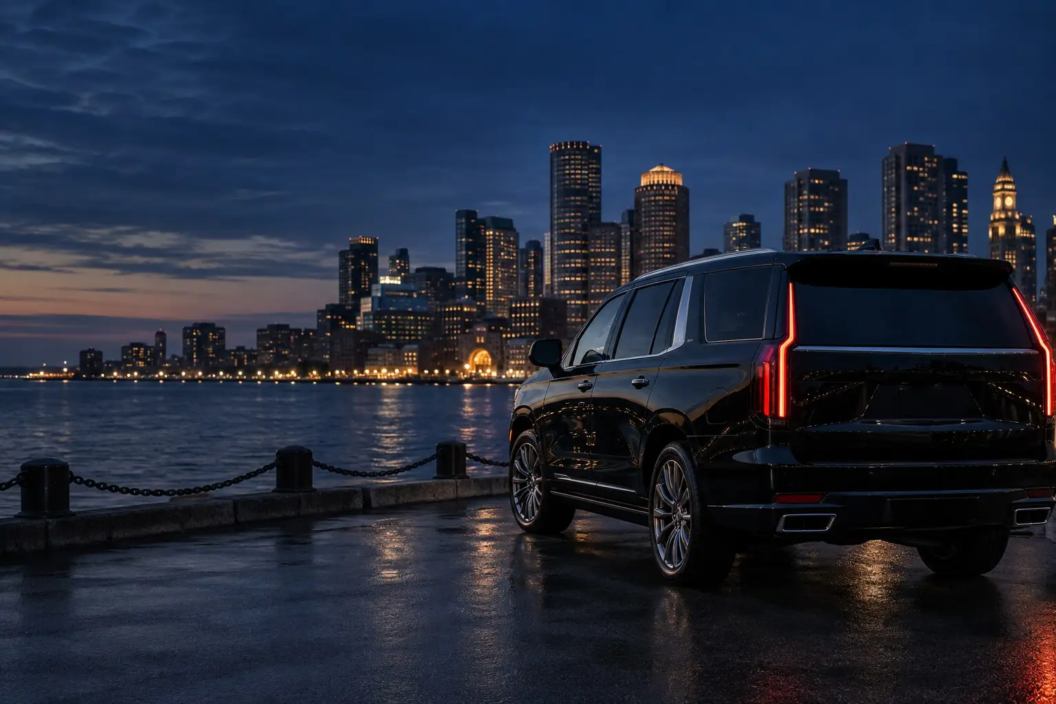 Blackwater black SUV beside the Boston waterfront