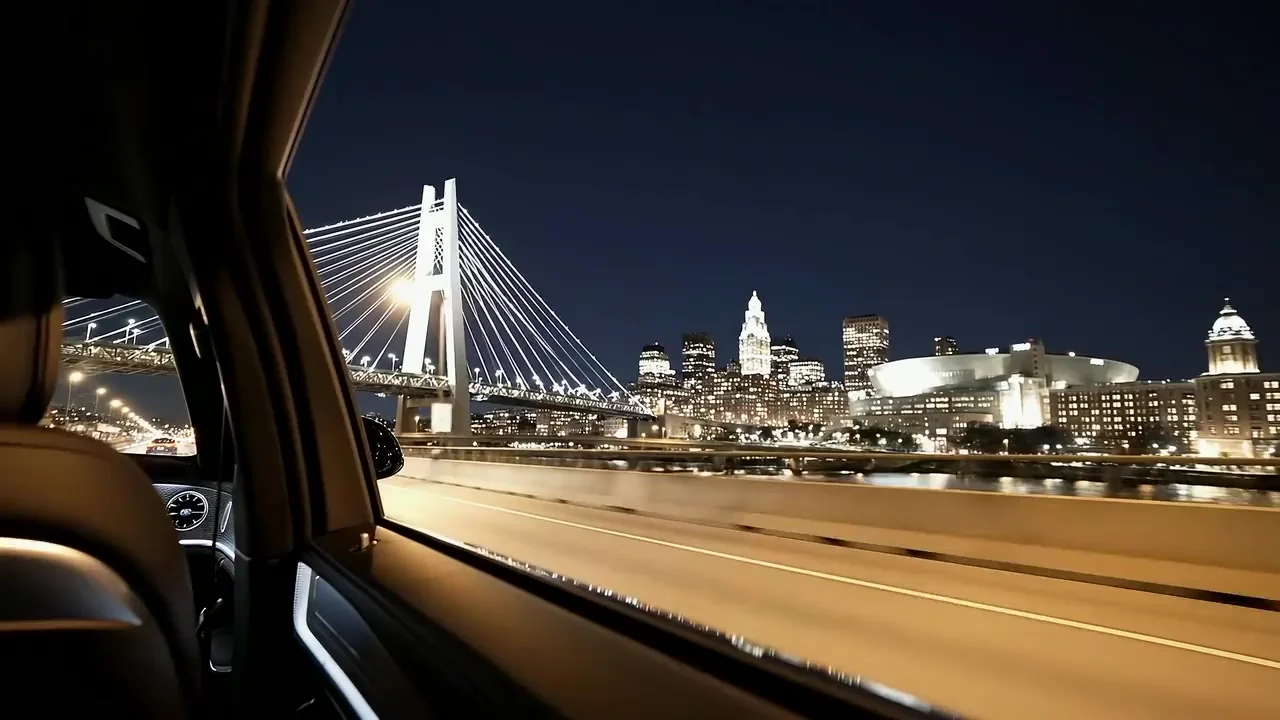 Boston at night seen from inside a Blackwater vehicle