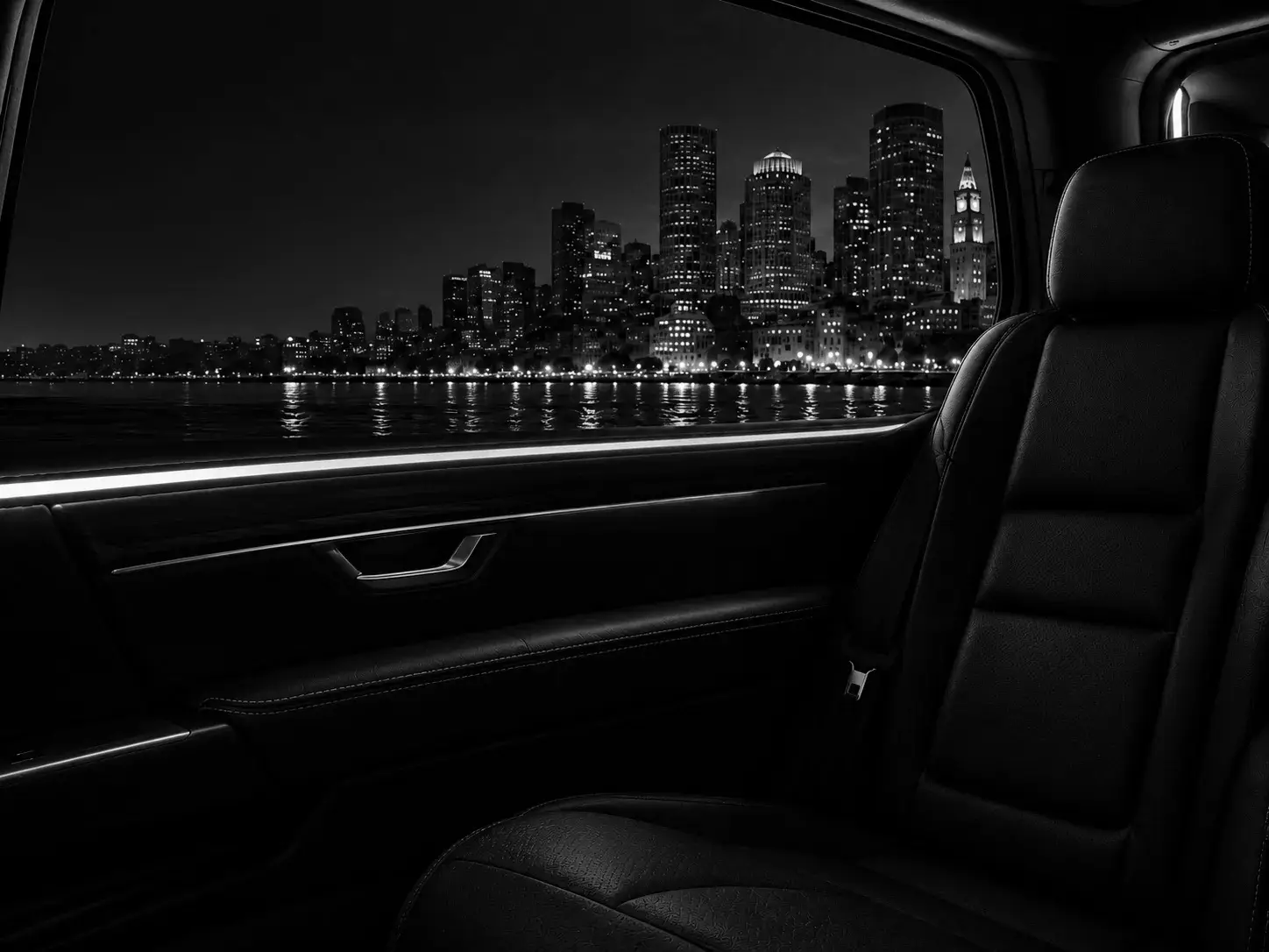 Rear seat of a Blackwater vehicle overlooking the Boston skyline
